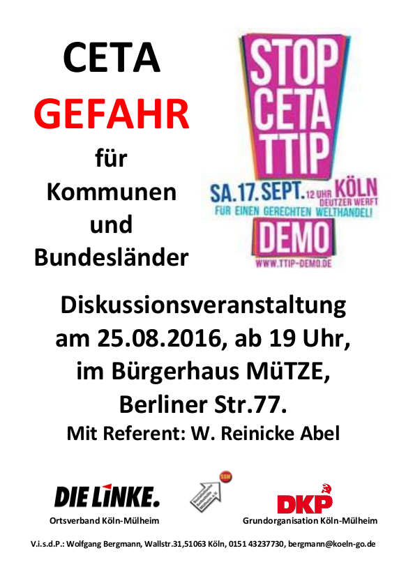 Gemein­sam gegen CETA – Links­par­tei, SSM und DKP laden ein.