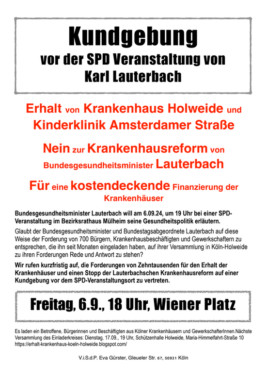 6. Sep­tem­ber: Kund­ge­bung gegen Klinikschließung