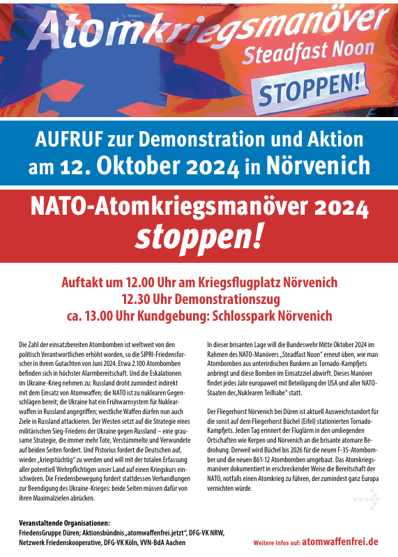 „NATO-Atom­kriegs­ma­nö­ver 2024 stop­pen!“: Demo am 12. Okto­ber in Nörvenich