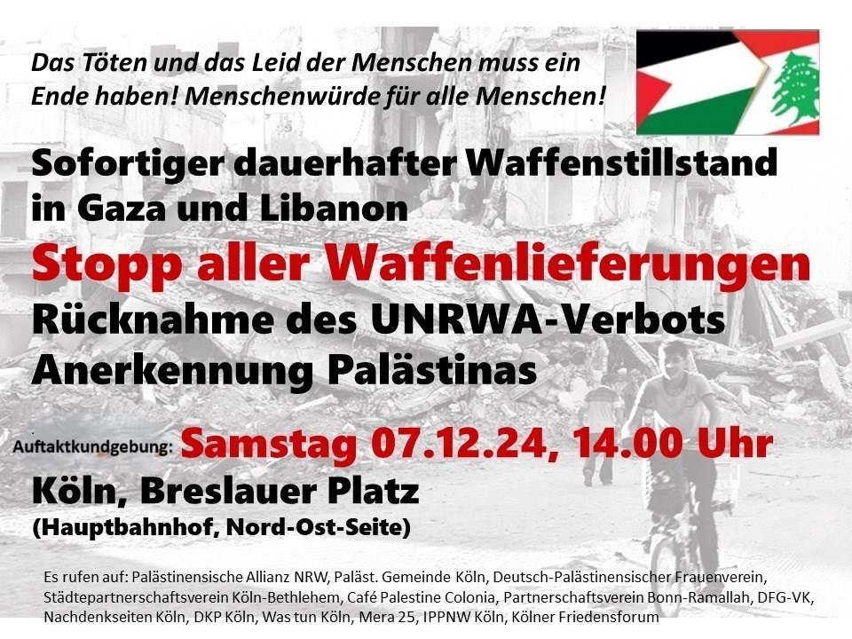 Demons­tra­tion am 7. Dezem­ber: Waf­fen­still­stand in Gaza und Liba­non jetzt – Stopp aller Waffenlieferungen!